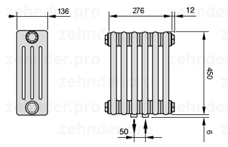 Схема (чертеж) Радиатор Zehnder Charleston 4045/6 №5410 Белый глянцевый RAL 9016